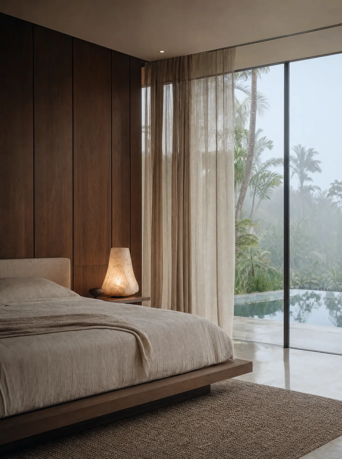 A calm bedroom with a low linen bed, walnut panelling, an alabaster lamp and a misty view to the pool and garden.